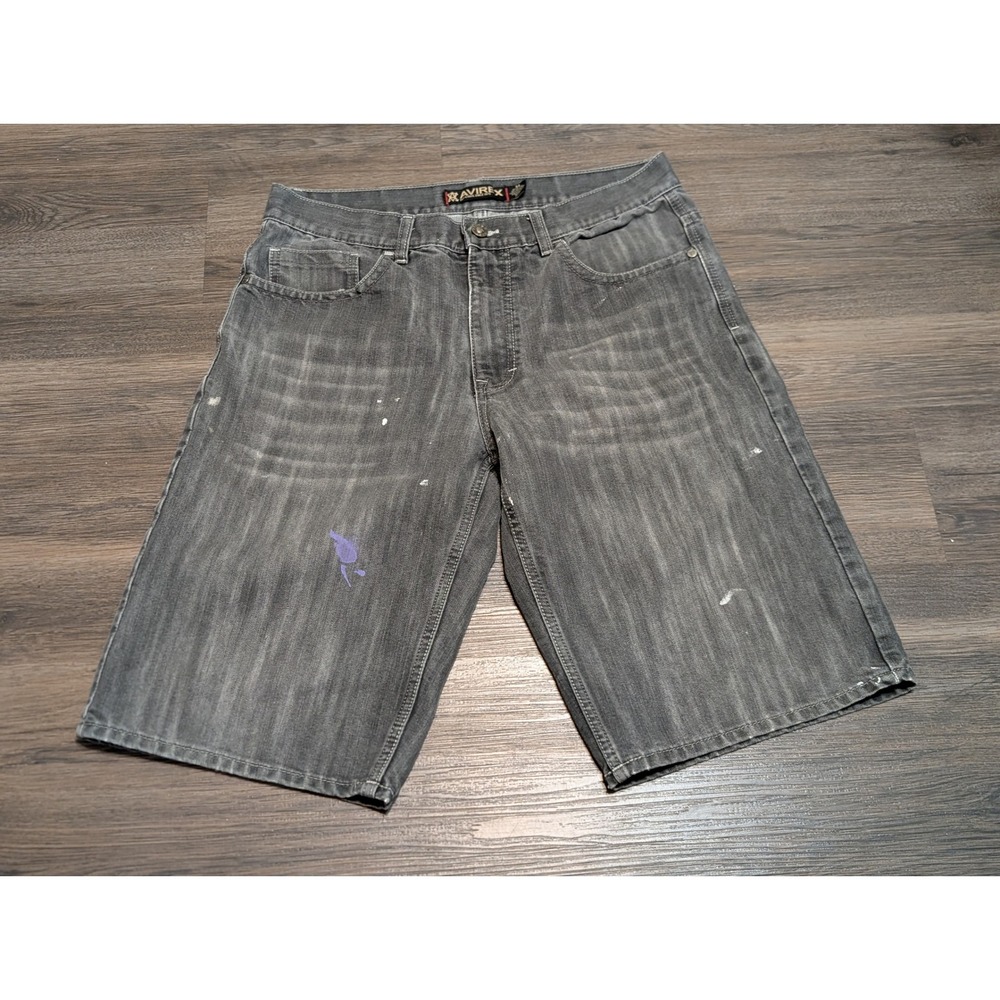Avirex‎ Mens Gray Denim Baggy Jorts Size 34 Embroidered Jorts Paint Splatter Y2K